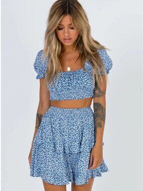 Princess Polly Floral Two Piece Crop Top and Skirt Matching Set Blue Womens 6